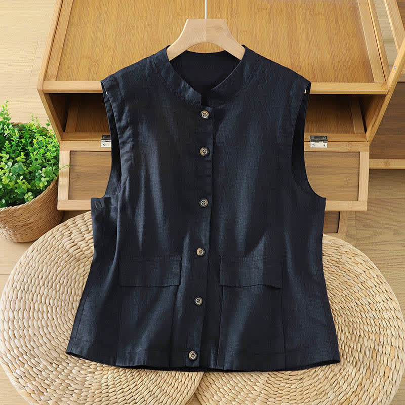 Buddha Stones Sommerliches, minimalistisches Tanktop im Tang-Stil mit Stehkragen, Knopfleiste und Tasche für Damen. - Mitternachtsblau - US12, UK/AU16, EU44 (2XL) - image 5