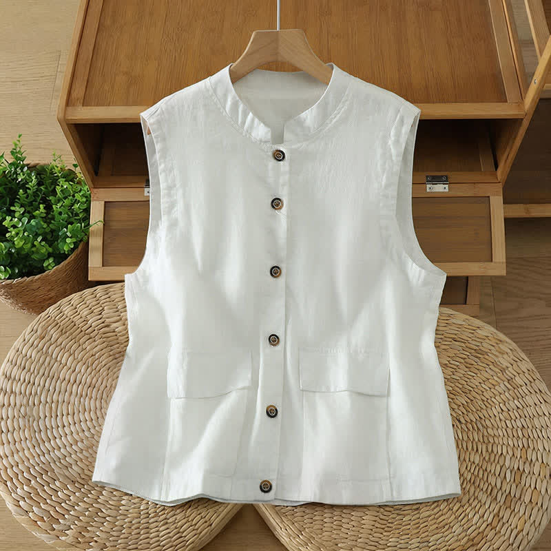 Buddha Stones Sommerliches, minimalistisches Tanktop im Tang-Stil mit Stehkragen, Knopfleiste und Tasche für Damen. - Weiß - US12, UK/AU16, EU44 (2XL) - image 14