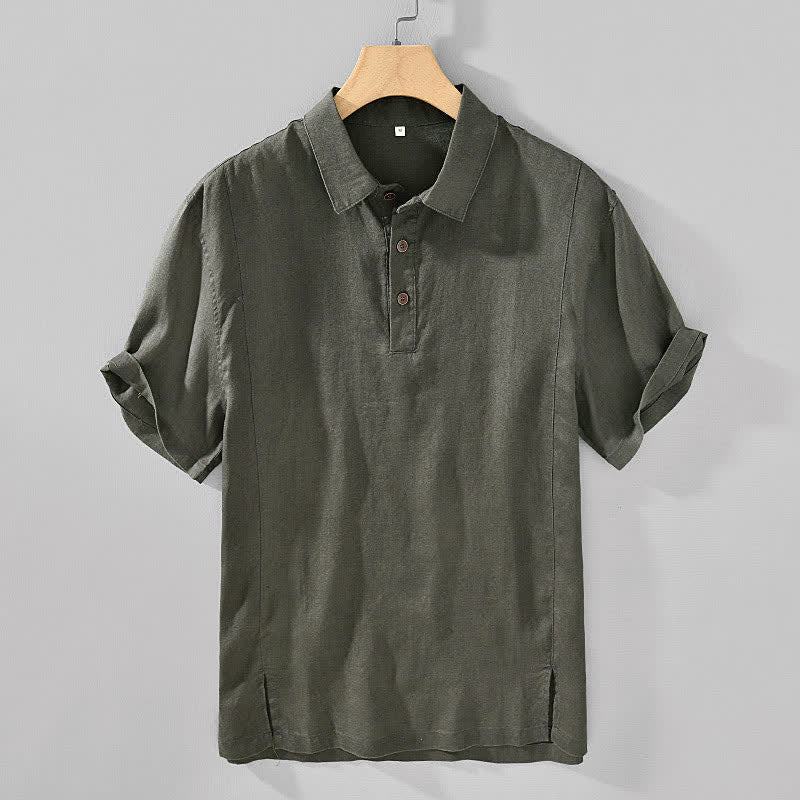 Buddha Stones Lässiges, minimalistisches Kurzarmhemd aus Leinen für Herren im Sommer mit Knopfleiste - Dunkelolivgrün - US/ UK/AU44, EU54 (4XL) - image 18