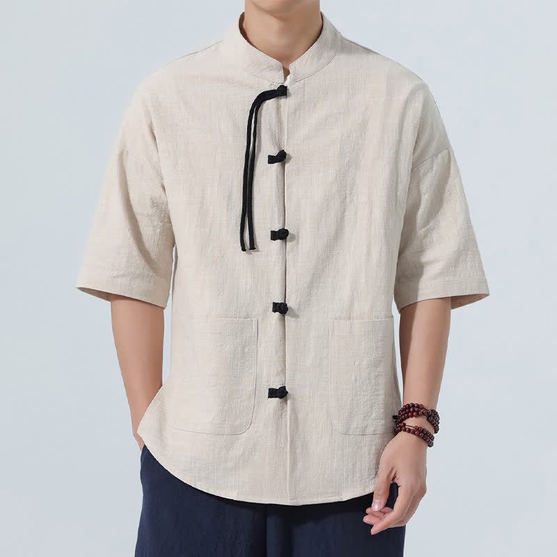 Buddha Stones Sommerliches Tang Style Casual Herrenhemd mit Stehkragen, Froschknopfleiste, Ellbogenlänge und Tasche - Leinen - US/ UK/AU46, EU56 (5XL) - image 14