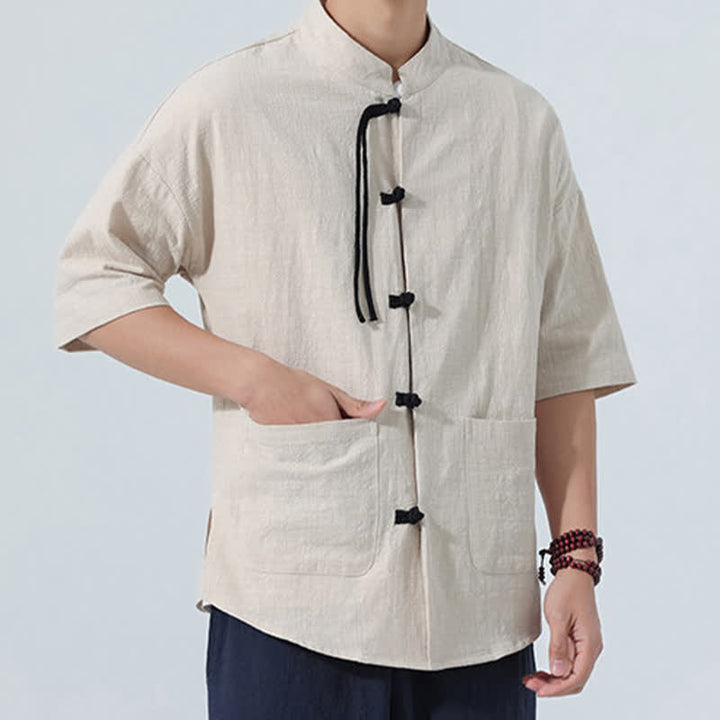 Buddha Stones Sommerliches Tang Style Casual Herrenhemd mit Stehkragen, Froschknopfleiste, Ellbogenlänge und Tasche - image 17
