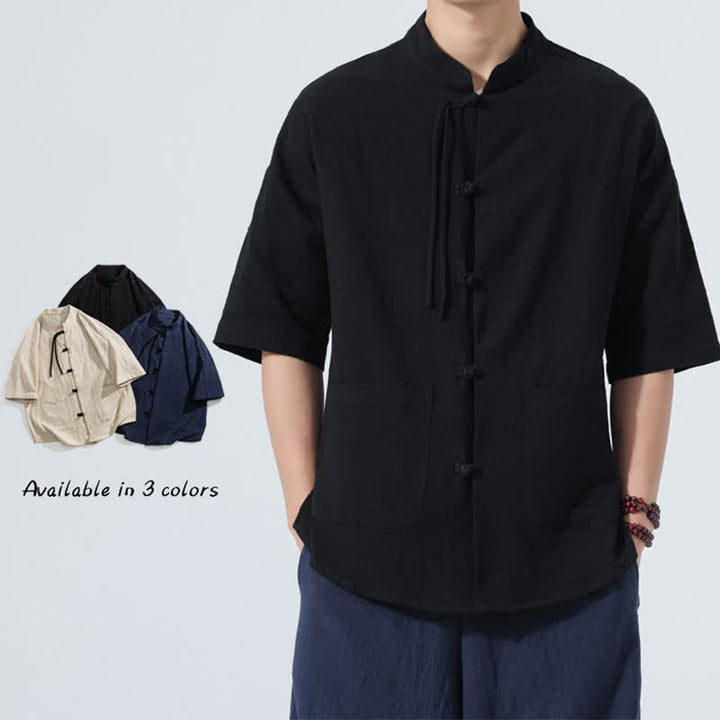 Buddha Stones Sommerliches Tang Style Casual Herrenhemd mit Stehkragen, Froschknopfleiste, Ellbogenlänge und Tasche - image 8