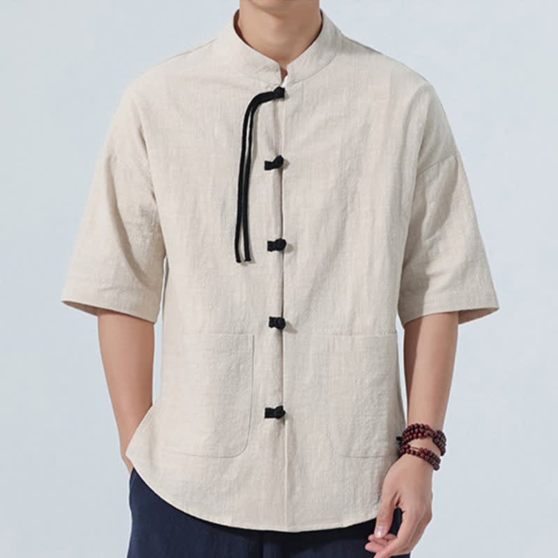 Buddha Stones Sommerliches Tang Style Casual Herrenhemd mit Stehkragen, Froschknopfleiste, Ellbogenlänge und Tasche - image 19