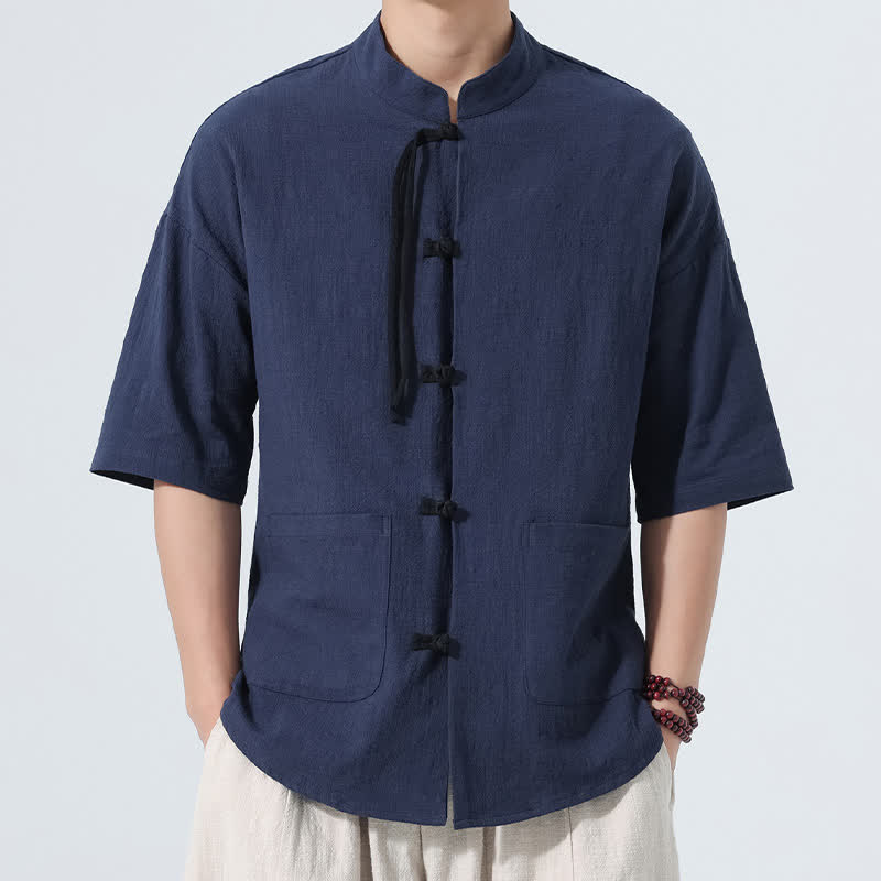 Buddha Stones Sommerliches Tang Style Casual Herrenhemd mit Stehkragen, Froschknopfleiste, Ellbogenlänge und Tasche - Marine - US/ UK/AU46, EU56 (5XL) - image 0