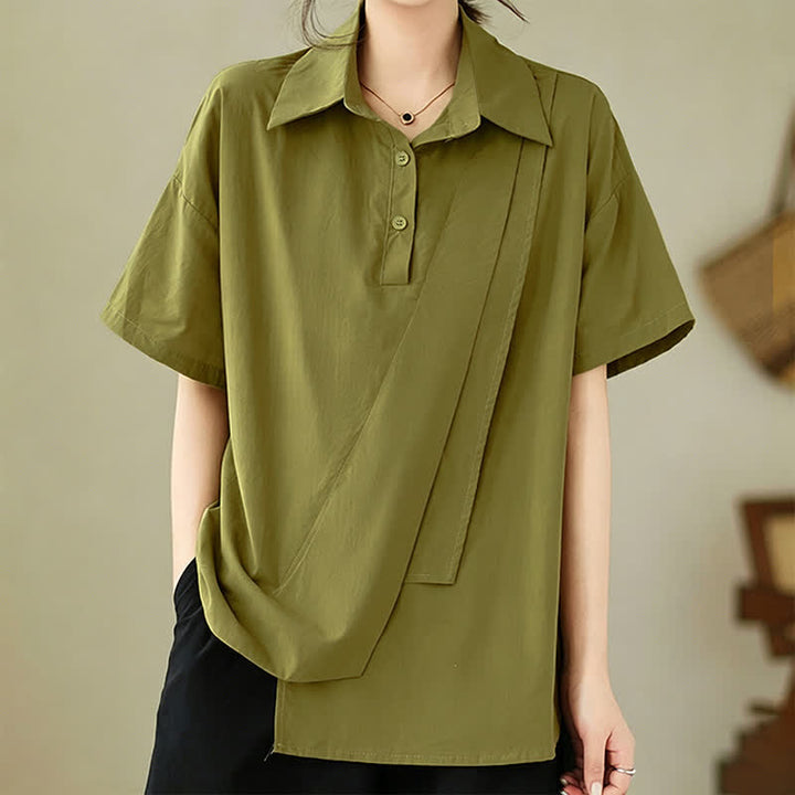 Buddha Stones Lässiges, minimalistisches Kurzarmhemd für Damen mit Knopfleiste, einfarbig, asymmetrischem Lagen-Design und Knopfleiste - Gelbgrün - US14, UK/AU18, EU46 (3XL) - image 0