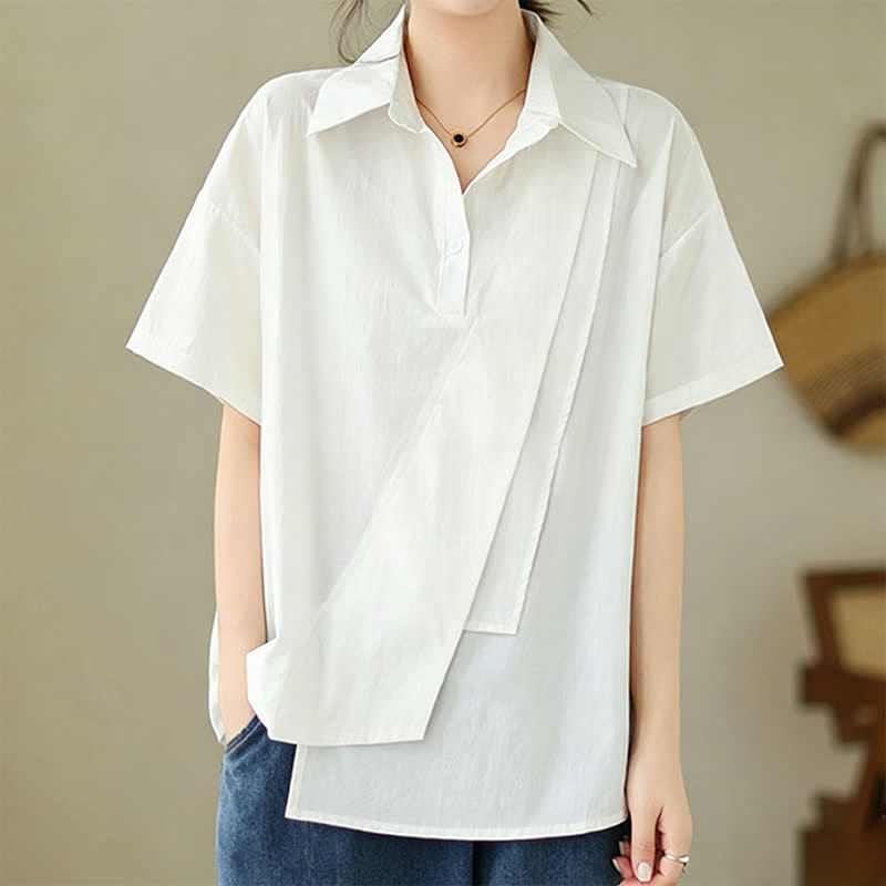 Buddha Stones Lässiges, minimalistisches Kurzarmhemd für Damen mit Knopfleiste, einfarbig, asymmetrischem Lagen-Design und Knopfleiste - Weiß - US14, UK/AU18, EU46 (3XL) - image 16