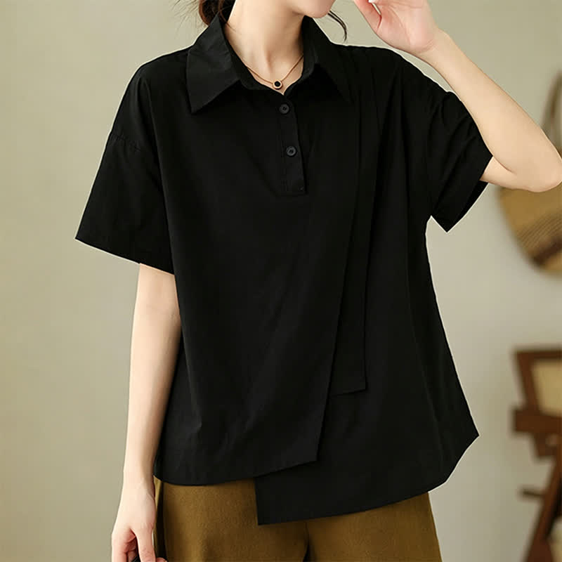 Buddha Stones Lässiges, minimalistisches Kurzarmhemd für Damen mit Knopfleiste, einfarbig, asymmetrischem Lagen-Design und Knopfleiste - Schwarz - US14, UK/AU18, EU46 (3XL) - image 9