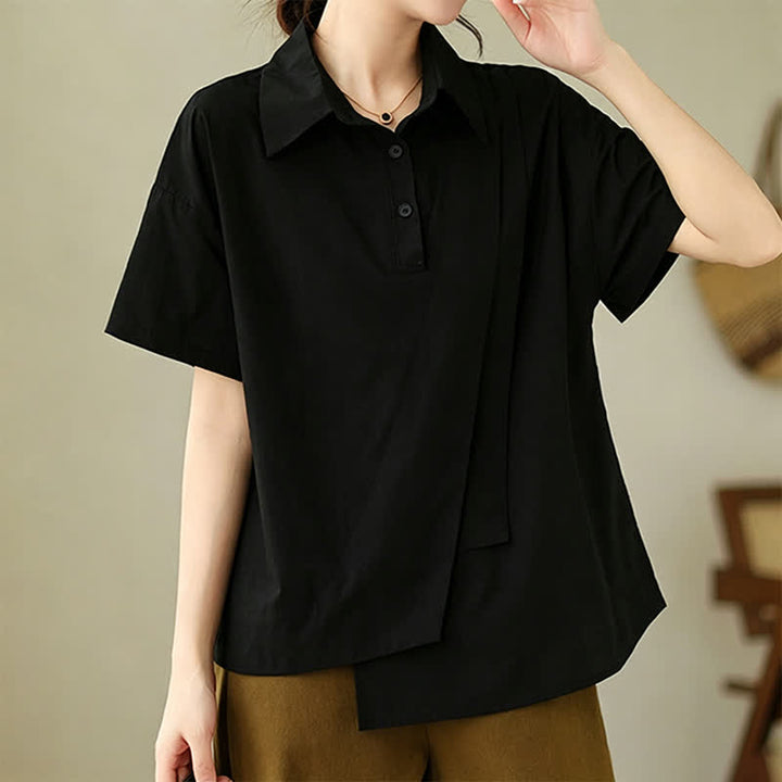 Buddha Stones Lässiges, minimalistisches Kurzarmhemd für Damen mit Knopfleiste, einfarbig, asymmetrischem Lagen-Design und Knopfleiste - Schwarz - US14, UK/AU18, EU46 (3XL) - image 9