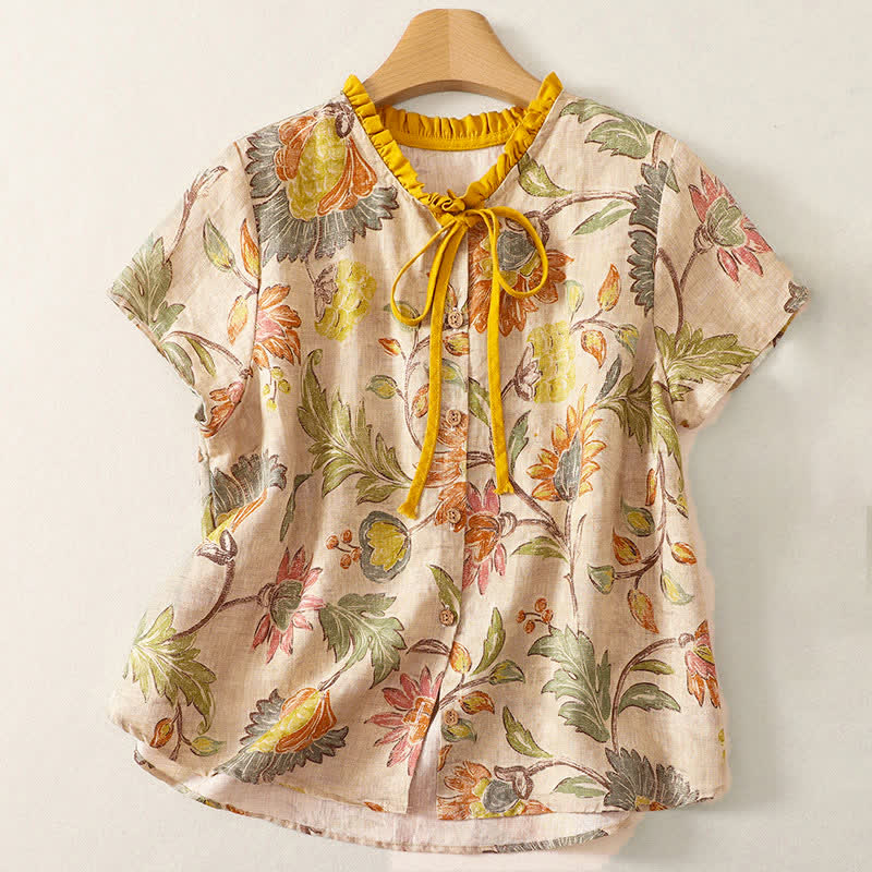 Buddha Stones Sommerliches, lässiges Boho-Damen-Kurzarmshirt mit Kordelzug, Blumenmuster (Pfingstrosen, grüne Blätter), Blumenmuster und Kordelzug - Blassgoldenrode - US8-10, UK/AU12-14, EU40-42 (2XL) - image 0