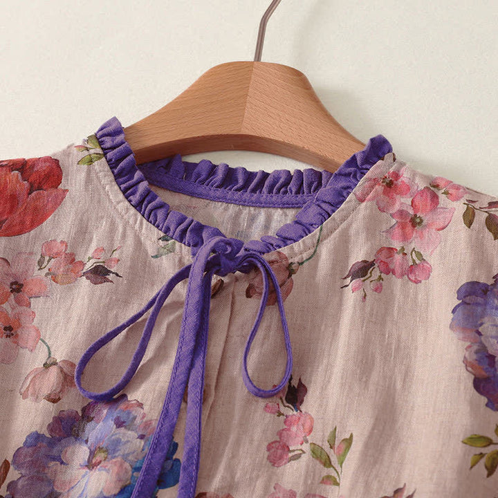 Buddha Stones Sommerliches, lässiges Boho-Damen-Kurzarmshirt mit Kordelzug, Blumenmuster (Pfingstrosen, grüne Blätter), Blumenmuster und Kordelzug - image 6