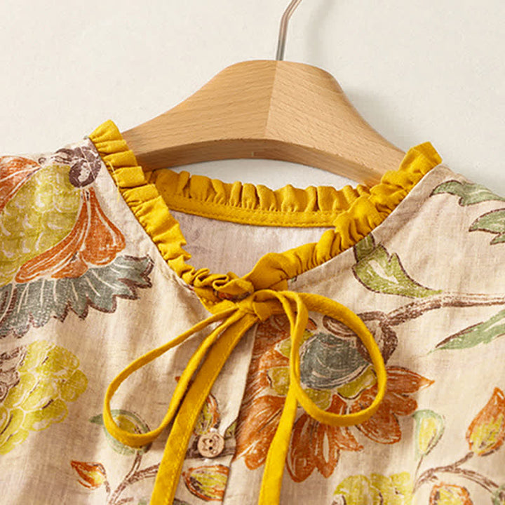 Buddha Stones Sommerliches, lässiges Boho-Damen-Kurzarmshirt mit Kordelzug, Blumenmuster (Pfingstrosen, grüne Blätter), Blumenmuster und Kordelzug - image 1