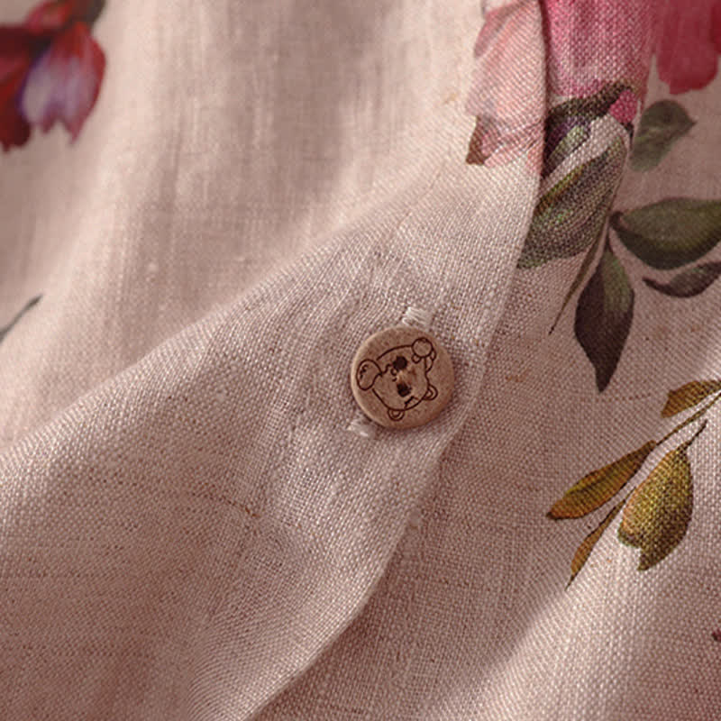 Buddha Stones Sommerliches, lässiges Boho-Damen-Kurzarmshirt mit Kordelzug, Blumenmuster (Pfingstrosen, grüne Blätter), Blumenmuster und Kordelzug - image 8