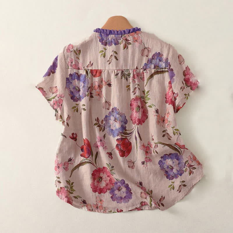 Buddha Stones Sommerliches, lässiges Boho-Damen-Kurzarmshirt mit Kordelzug, Blumenmuster (Pfingstrosen, grüne Blätter), Blumenmuster und Kordelzug - image 5