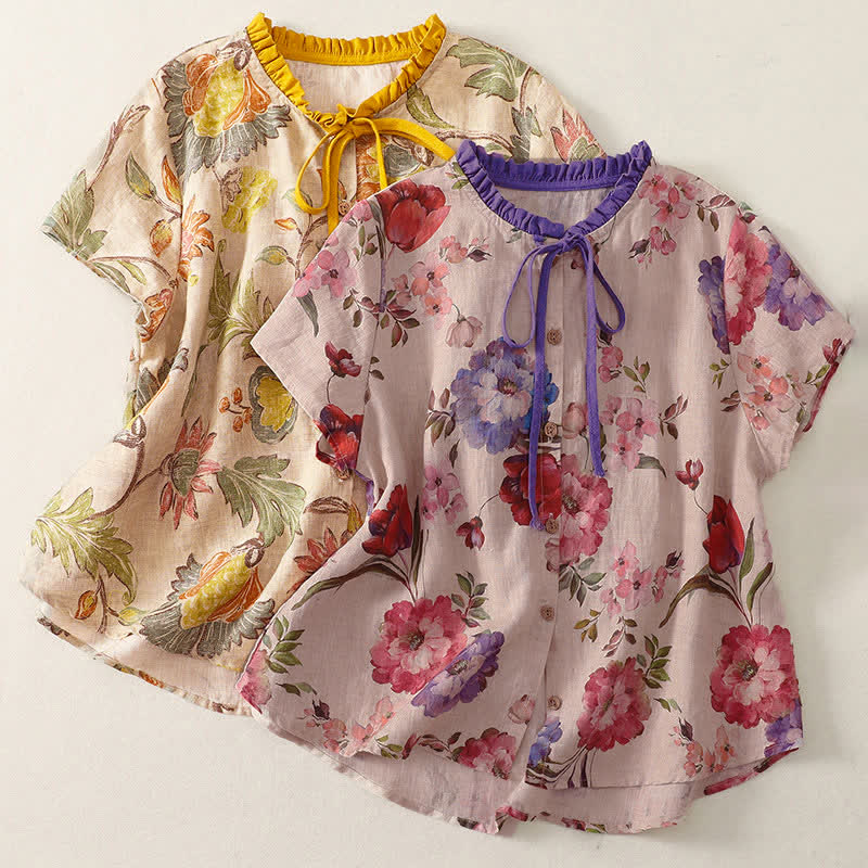 Buddha Stones Sommerliches, lässiges Boho-Damen-Kurzarmshirt mit Kordelzug, Blumenmuster (Pfingstrosen, grüne Blätter), Blumenmuster und Kordelzug - image 12