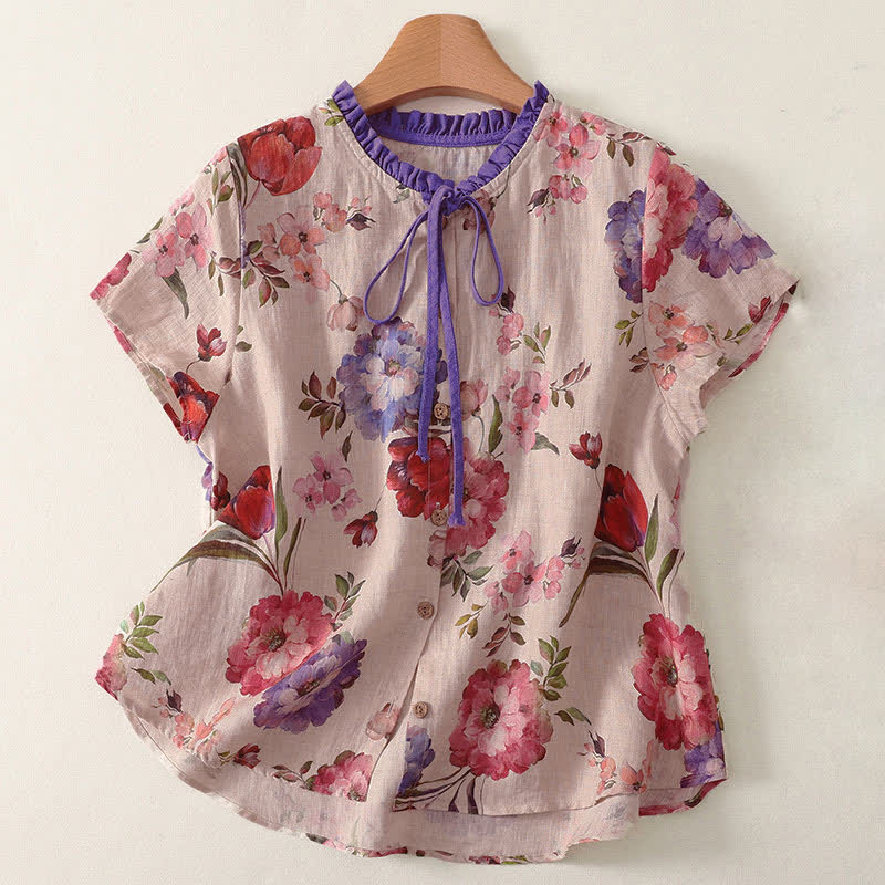 Buddha Stones Sommerliches, lässiges Boho-Damen-Kurzarmshirt mit Kordelzug, Blumenmuster (Pfingstrosen, grüne Blätter), Blumenmuster und Kordelzug - MistyRose - US8-10, UK/AU12-14, EU40-42 (2XL) - image 4