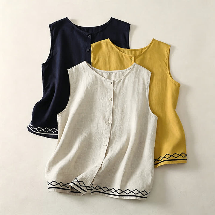 Buddha Stones Sommerliches, lässiges, minimalistisches, ärmelloses Tanktop mit Knopfleiste und geometrischem Muster für Damen - image 17
