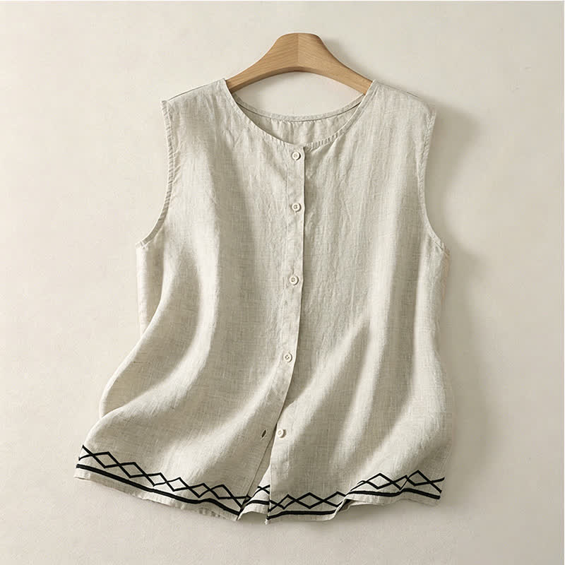 Buddha Stones Sommerliches, lässiges, minimalistisches, ärmelloses Tanktop mit Knopfleiste und geometrischem Muster für Damen - Leinen - US12, UK/AU16, EU44 (2XL) - image 8