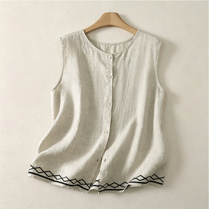 Buddha Stones Sommerliches, lässiges, minimalistisches, ärmelloses Tanktop mit Knopfleiste und geometrischem Muster für Damen - Leinen - US12, UK/AU16, EU44 (2XL) - image 8