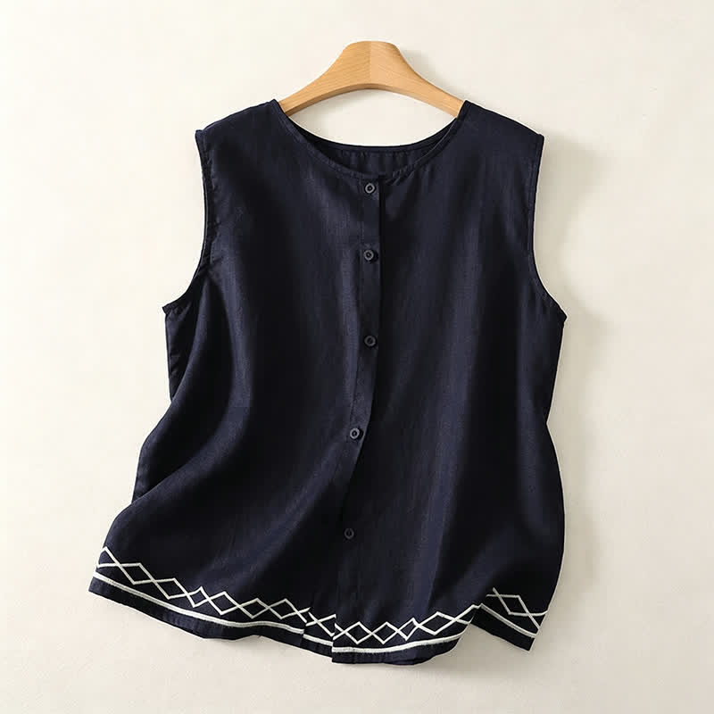 Buddha Stones Sommerliches, lässiges, minimalistisches, ärmelloses Tanktop mit Knopfleiste und geometrischem Muster für Damen - Marine - US12, UK/AU16, EU44 (2XL) - image 3