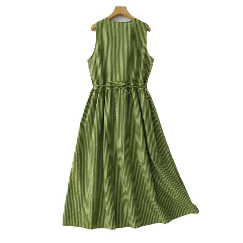 Buddha Stones Sommerliches, lässig-elegantes, grün gestreiftes, ärmelloses Sommerkleid für Damen mit Rundhalsausschnitt und Rundhalsausschnitt - image 2