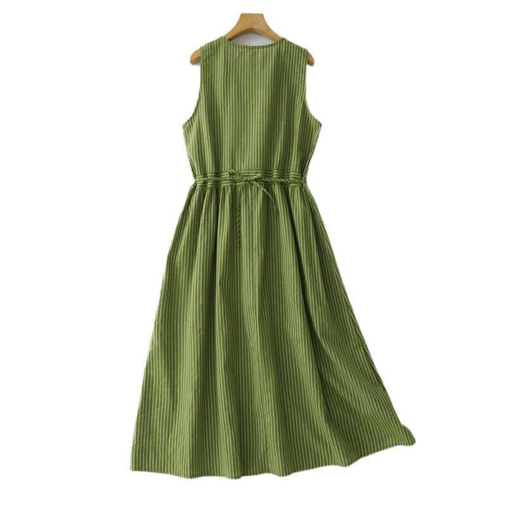 Buddha Stones Sommerliches, lässig-elegantes, grün gestreiftes, ärmelloses Sommerkleid für Damen mit Rundhalsausschnitt und Rundhalsausschnitt - image 2
