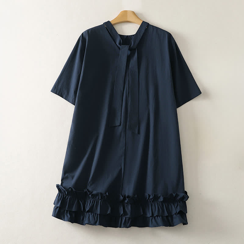 Buddha Stones Sommerliches, lässig-elegantes Kurzarmkleid für Damen mit Bindekragen, Rüschensaum und kurzem Ärmel - Mitternachtsblau - US14, UK/AU18, EU46 (2XL) - image 0