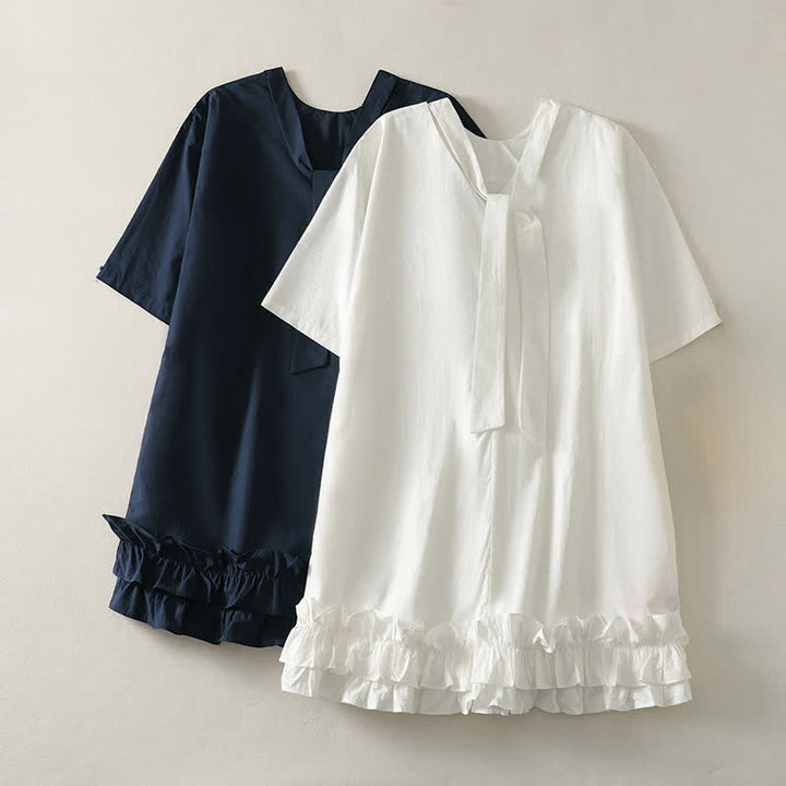 Buddha Stones Sommerliches, lässig-elegantes Kurzarmkleid für Damen mit Bindekragen, Rüschensaum und kurzem Ärmel - image 12