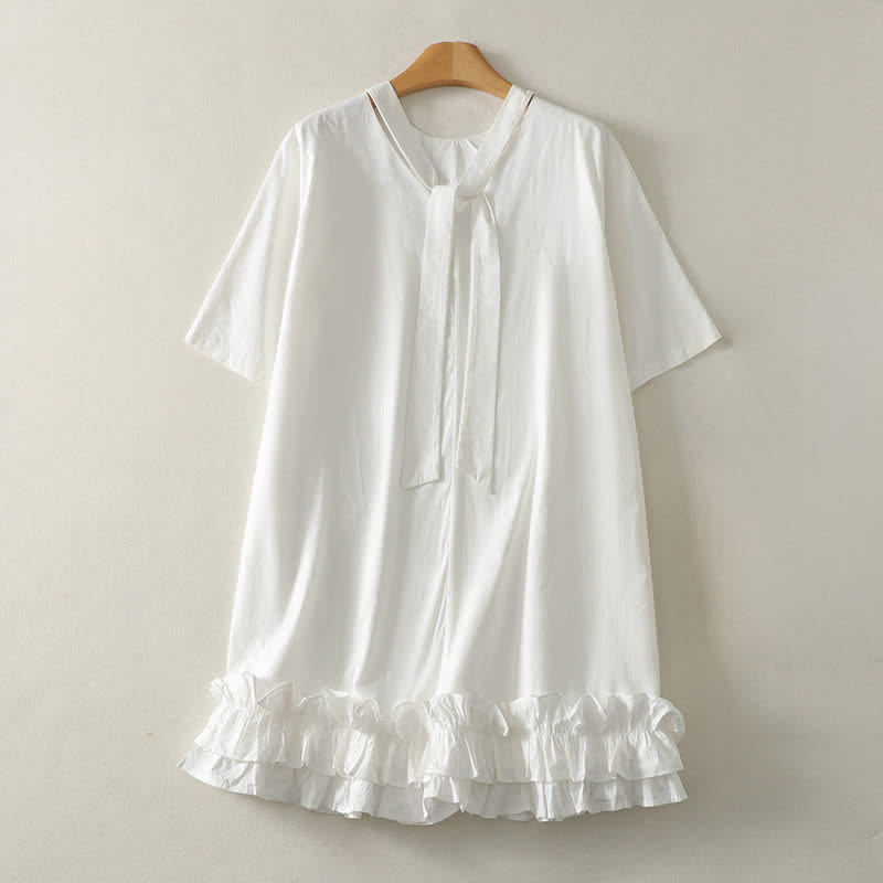 Buddha Stones Sommerliches, lässig-elegantes Kurzarmkleid für Damen mit Bindekragen, Rüschensaum und kurzem Ärmel - Weiß - US14, UK/AU18, EU46 (2XL) - image 2
