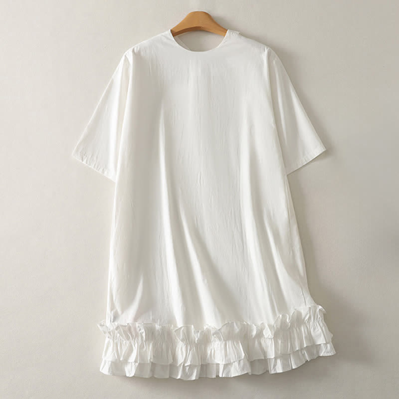 Buddha Stones Sommerliches, lässig-elegantes Kurzarmkleid für Damen mit Bindekragen, Rüschensaum und kurzem Ärmel - image 3