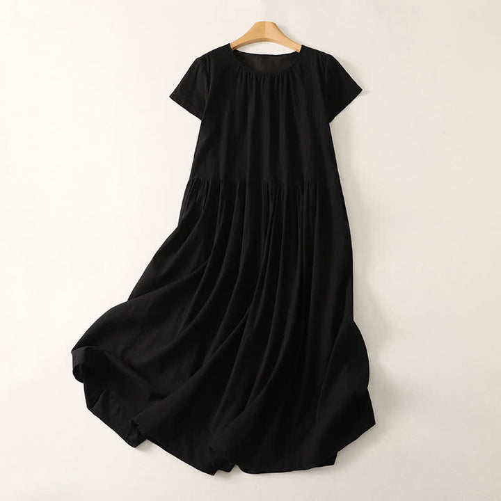 Buddha Stones Sommerliches, lässiges, minimalistisches, einfarbiges Damenkleid mit Rundhalsausschnitt, kurzen Ärmeln und Taschen - Schwarz - US12, UK/AU16, EU44 (2XL) - image 10