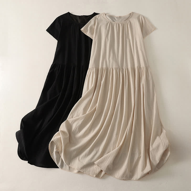 Buddha Stones Sommerliches, lässiges, minimalistisches, einfarbiges Damenkleid mit Rundhalsausschnitt, kurzen Ärmeln und Taschen - image 9