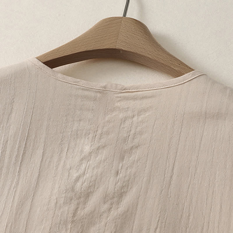 Buddha Stones Sommerliches, lässiges, minimalistisches, einfarbiges Damenkleid mit Rundhalsausschnitt, kurzen Ärmeln und Taschen - image 3