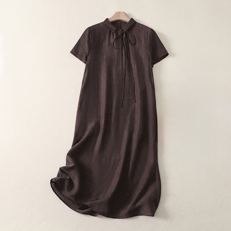 Buddha Stones Sommerliches minimalistisches Vintage-Kleid für Damen mit kurzen Ärmeln, Knopfleiste, Schnürung, Taschen und Knopfleiste - Sattelbraun - US14, UK/AU18, EU46 (2XL) - image 0