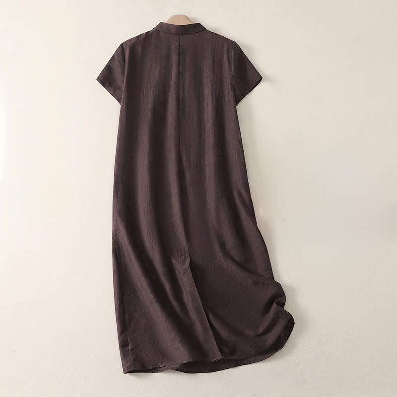 Buddha Stones Sommerliches minimalistisches Vintage-Kleid für Damen mit kurzen Ärmeln, Knopfleiste, Schnürung, Taschen und Knopfleiste - image 1