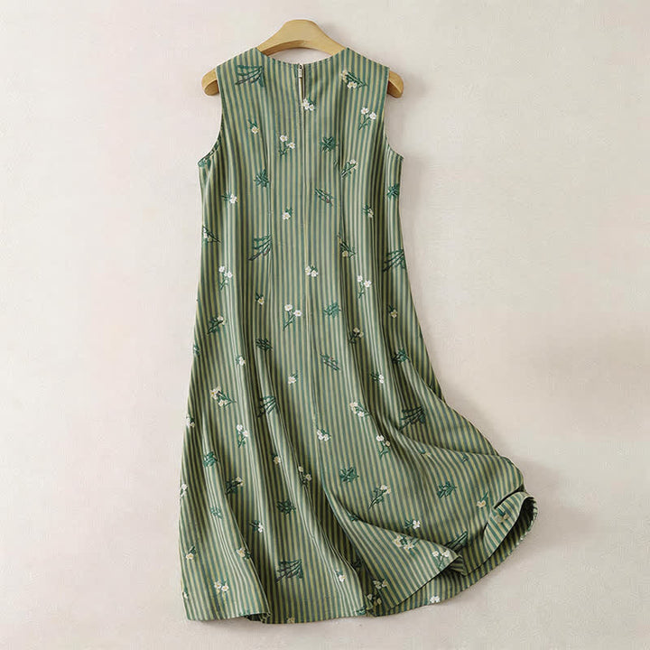 Buddha Stones Sommerliches, lässiges, minimalistisches, grün gestreiftes, ärmelloses Kleid mit kleinem Blumenmuster für Damen – perfekt für den Sommer. - image 1