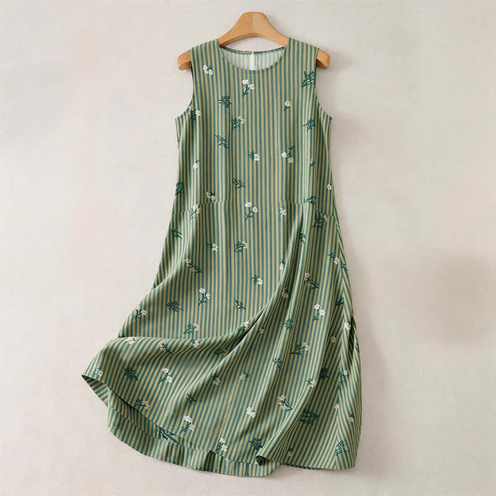 Buddha Stones Sommerliches, lässiges, minimalistisches, grün gestreiftes, ärmelloses Kleid mit kleinem Blumenmuster für Damen – perfekt für den Sommer. - Dunkelseegrün - US12, UK/AU16, EU44 (2XL) - image 0