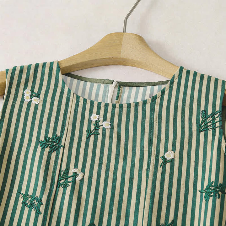 Buddha Stones Sommerliches, lässiges, minimalistisches, grün gestreiftes, ärmelloses Kleid mit kleinem Blumenmuster für Damen – perfekt für den Sommer. - image 2