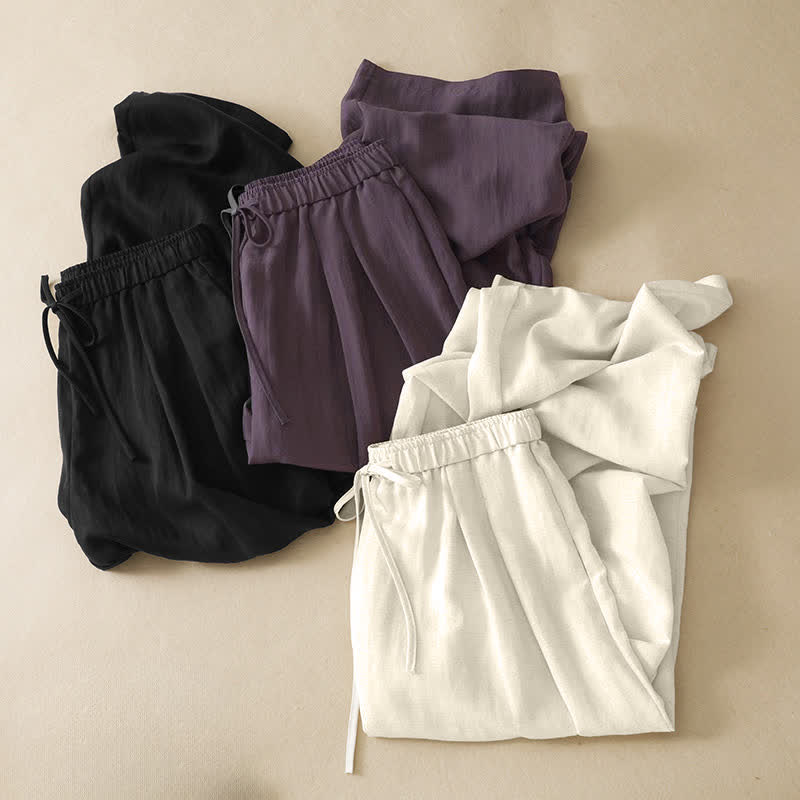 Buddha Stones Sommerliche, lässige, minimalistische lange Hose mit Kordelzug, einfarbig, schmal zulaufende Damenhose mit Taschen - image 19