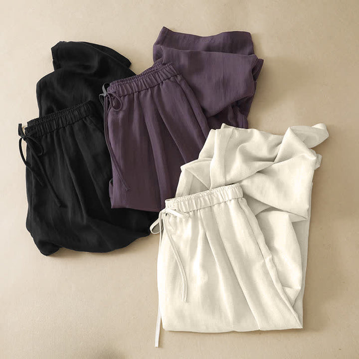 Buddha Stones Sommerliche, lässige, minimalistische lange Hose mit Kordelzug, einfarbig, schmal zulaufende Damenhose mit Taschen - image 19