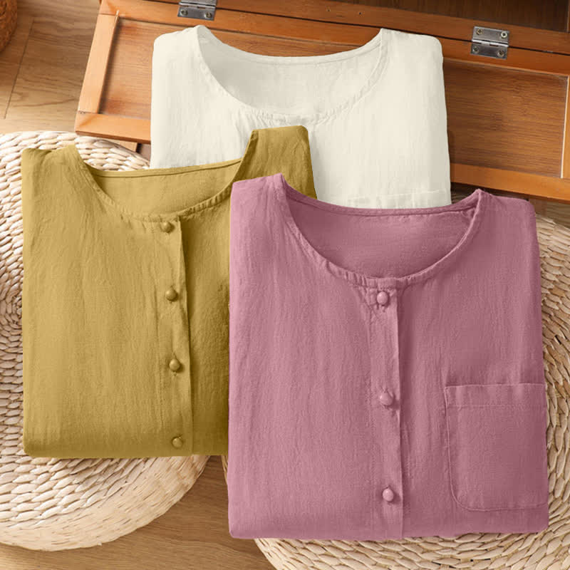 Buddha Stones Lässiges, minimalistisches Kurzarmhemd für Damen mit Knopfleiste, Rundhalsausschnitt und aufgesetzter Tasche – perfekt für den Sommer. - image 25