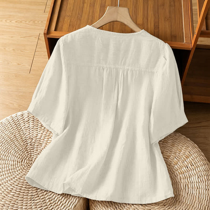Buddha Stones Lässiges, minimalistisches Kurzarmhemd für Damen mit Knopfleiste, Rundhalsausschnitt und aufgesetzter Tasche – perfekt für den Sommer. - image 13