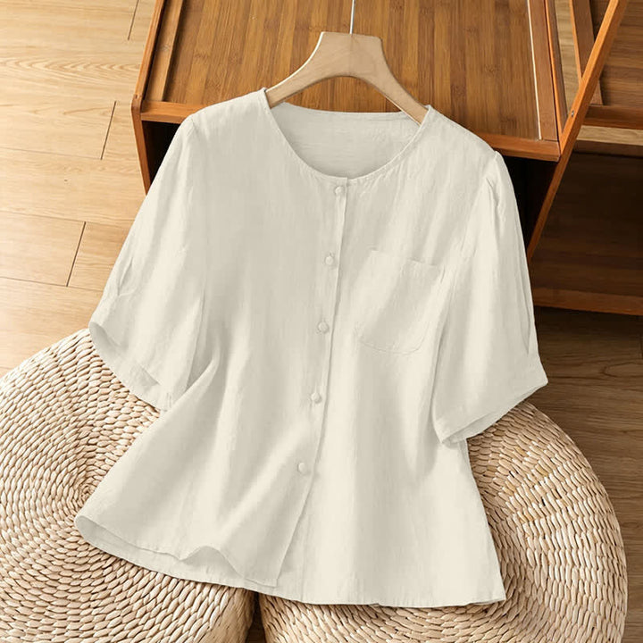 Buddha Stones Lässiges, minimalistisches Kurzarmhemd für Damen mit Knopfleiste, Rundhalsausschnitt und aufgesetzter Tasche – perfekt für den Sommer. - Beige - US8-10, UK/AU12-14, EU40-42 (2XL) - image 12