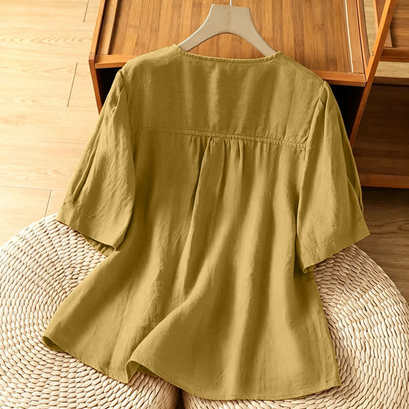 Buddha Stones Lässiges, minimalistisches Kurzarmhemd für Damen mit Knopfleiste, Rundhalsausschnitt und aufgesetzter Tasche – perfekt für den Sommer. - image 8