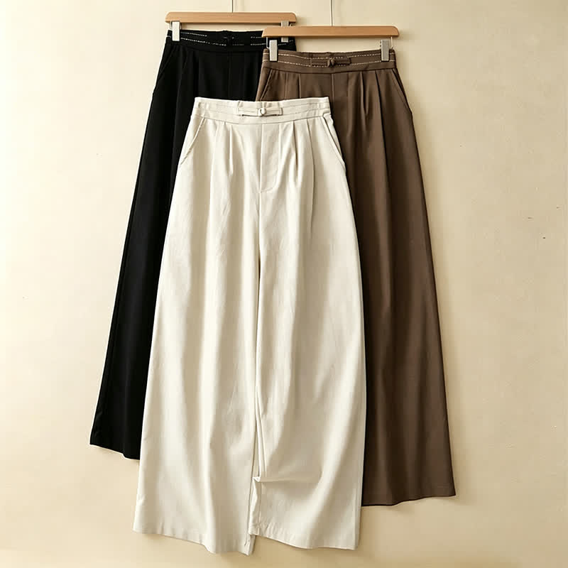 Buddha Stones Lässige, minimalistische Sommerhose aus Unifarben mit Knöchellänge, geradem Bein und Taschen, mit einem Froschknopf - image 20