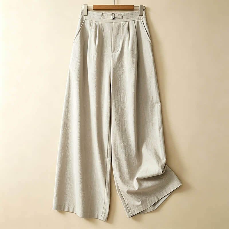 Buddha Stones Lässige, minimalistische Sommerhose aus Unifarben mit Knöchellänge, geradem Bein und Taschen, mit einem Froschknopf - Beige - US12, UK/AU16, EU44 (3XL) - image 10