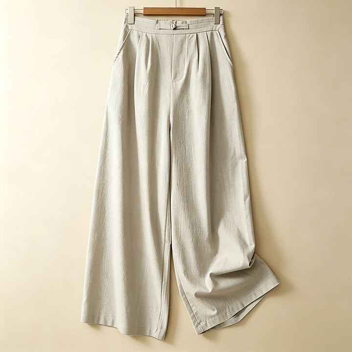 Buddha Stones Lässige, minimalistische Sommerhose aus Unifarben mit Knöchellänge, geradem Bein und Taschen, mit einem Froschknopf - Beige - US12, UK/AU16, EU44 (3XL) - image 10