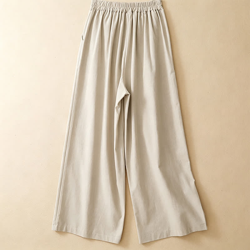Buddha Stones Lässige, minimalistische Sommerhose aus Unifarben mit Knöchellänge, geradem Bein und Taschen, mit einem Froschknopf - image 11