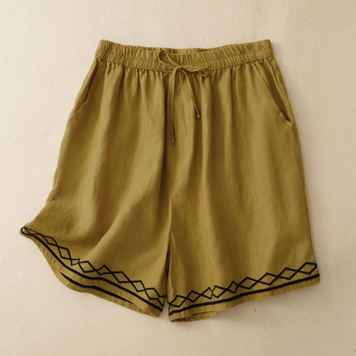 Buddha Stones Lässige, minimalistische Sommer-Shorts für Damen mit Kordelzug, Stickerei, Wellenlinien und geometrischem Muster, Taschen und geometrischem Muster - Goldrute - US8-10, UK/AU12-14, EU40-42 (2XL) - image 0