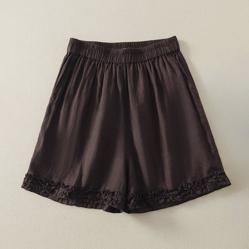 Buddha Stones Sommerliche, lässige Vintage-Shorts für Damen mit elastischem Bund, Rüschensaum und Taschen - Sattelbraun - US8-10, UK/AU12-14, EU40-42 (2XL) - image 9