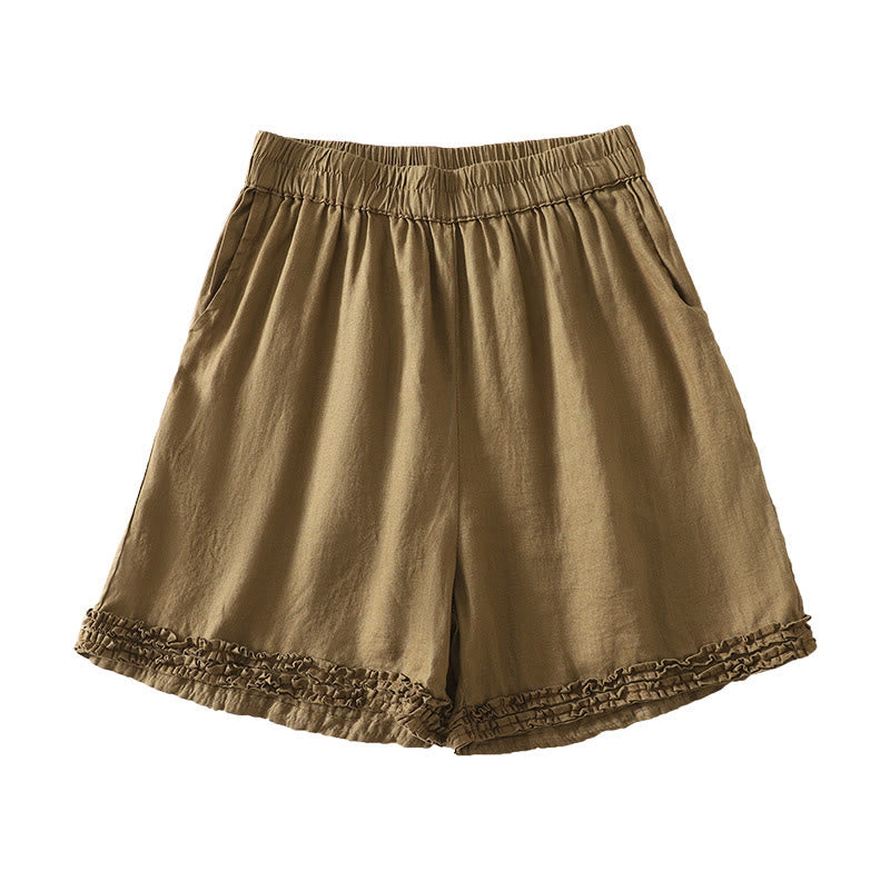 Buddha Stones Sommerliche, lässige Vintage-Shorts für Damen mit elastischem Bund, Rüschensaum und Taschen - Bräunen - US8-10, UK/AU12-14, EU40-42 (2XL) - image 0